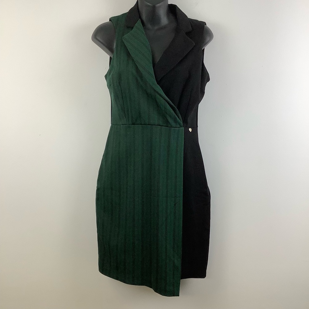 Rinascimento Sleeveless Blazer Style Faux Wrap Dress in Black/Green Multi